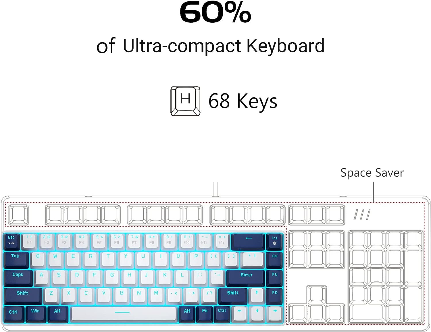 Portable Mechanical Gaming Keyboard LED Backlit Compact 68 Keys - KeysCaps