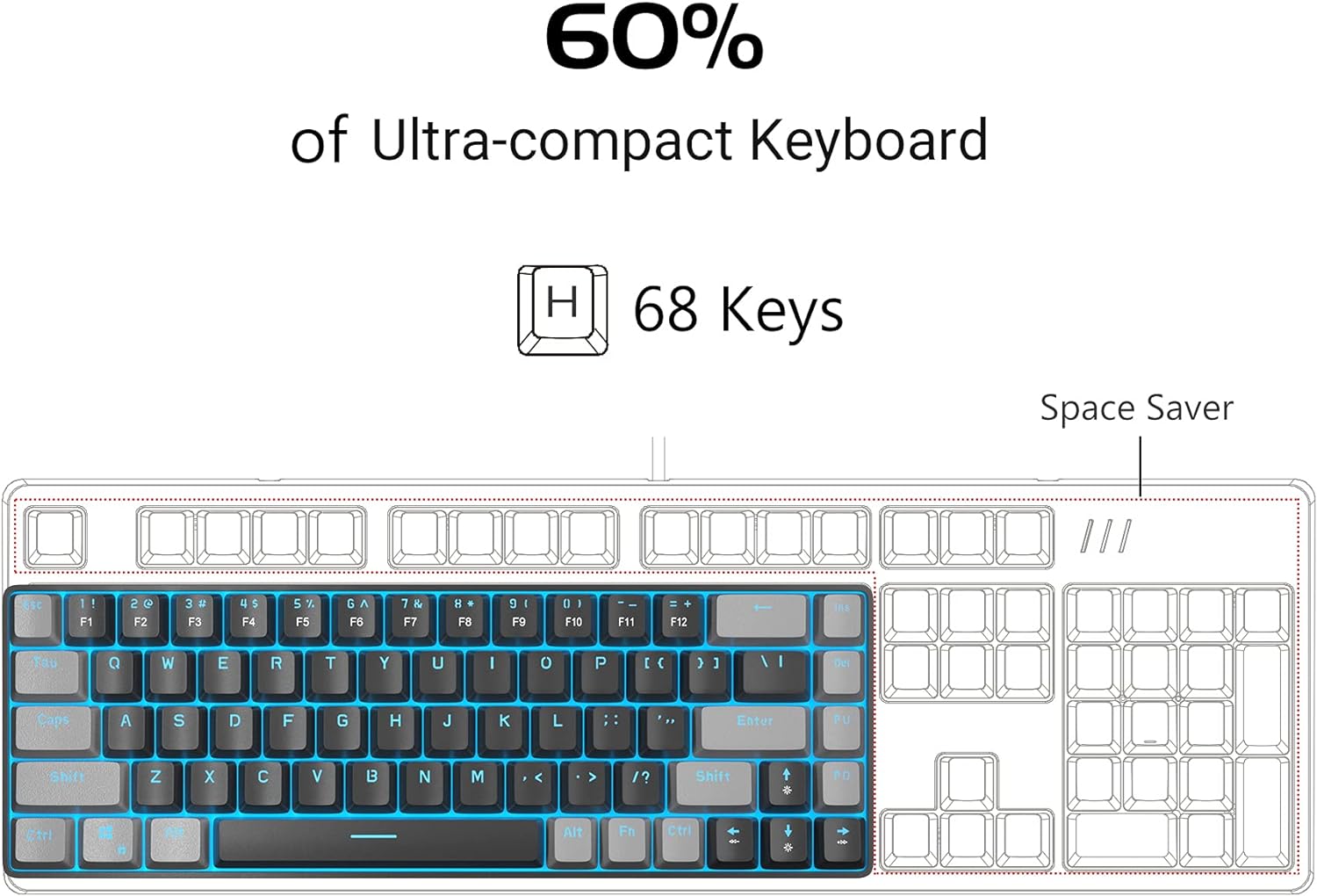 Portable Mechanical Gaming Keyboard LED Backlit Compact 68 Keys - KeysCaps