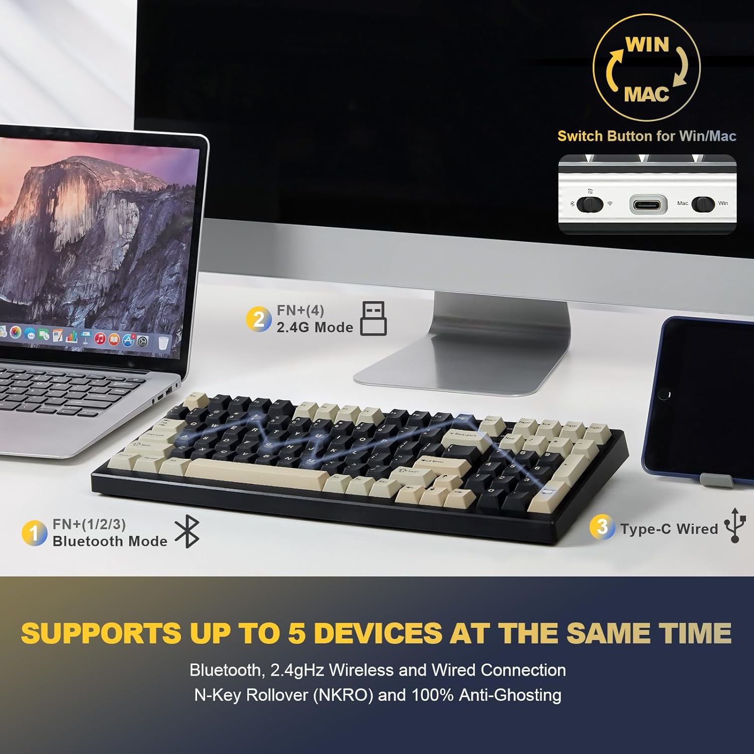 Mechanical Keyboard 99 Key Hot Swappable BT5.0/2.4G/USB-C - KeysCaps