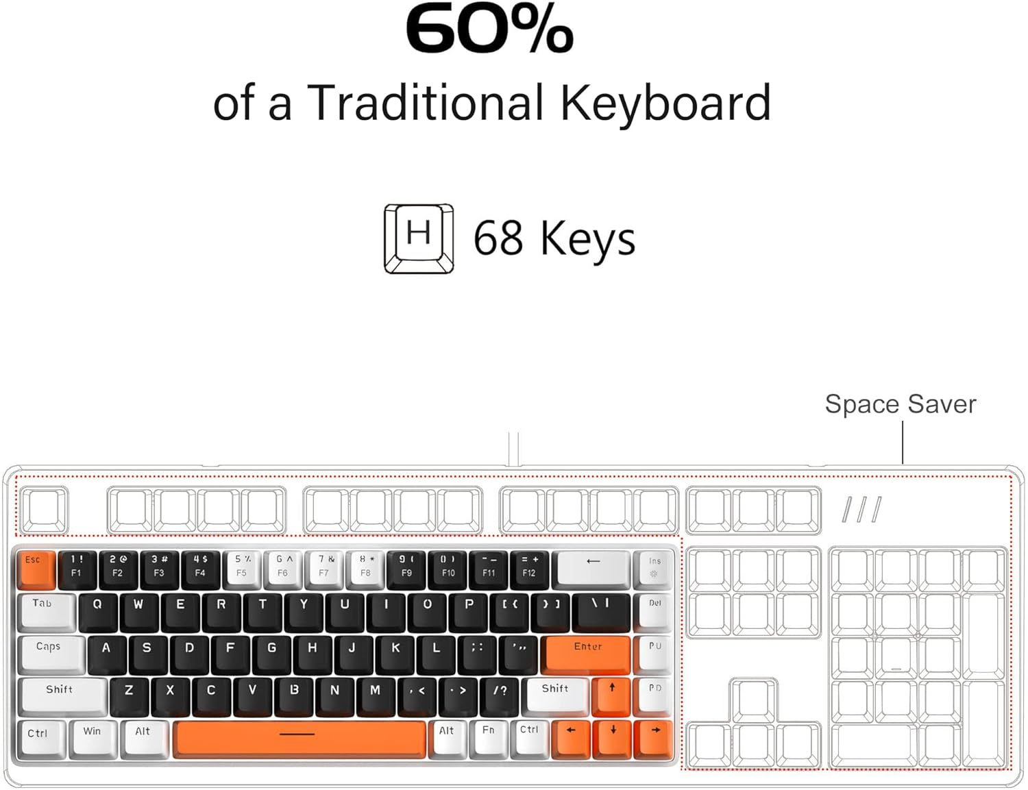 Portable Mechanical Gaming Keyboard LED Backlit Compact 68 Keys - KeysCaps
