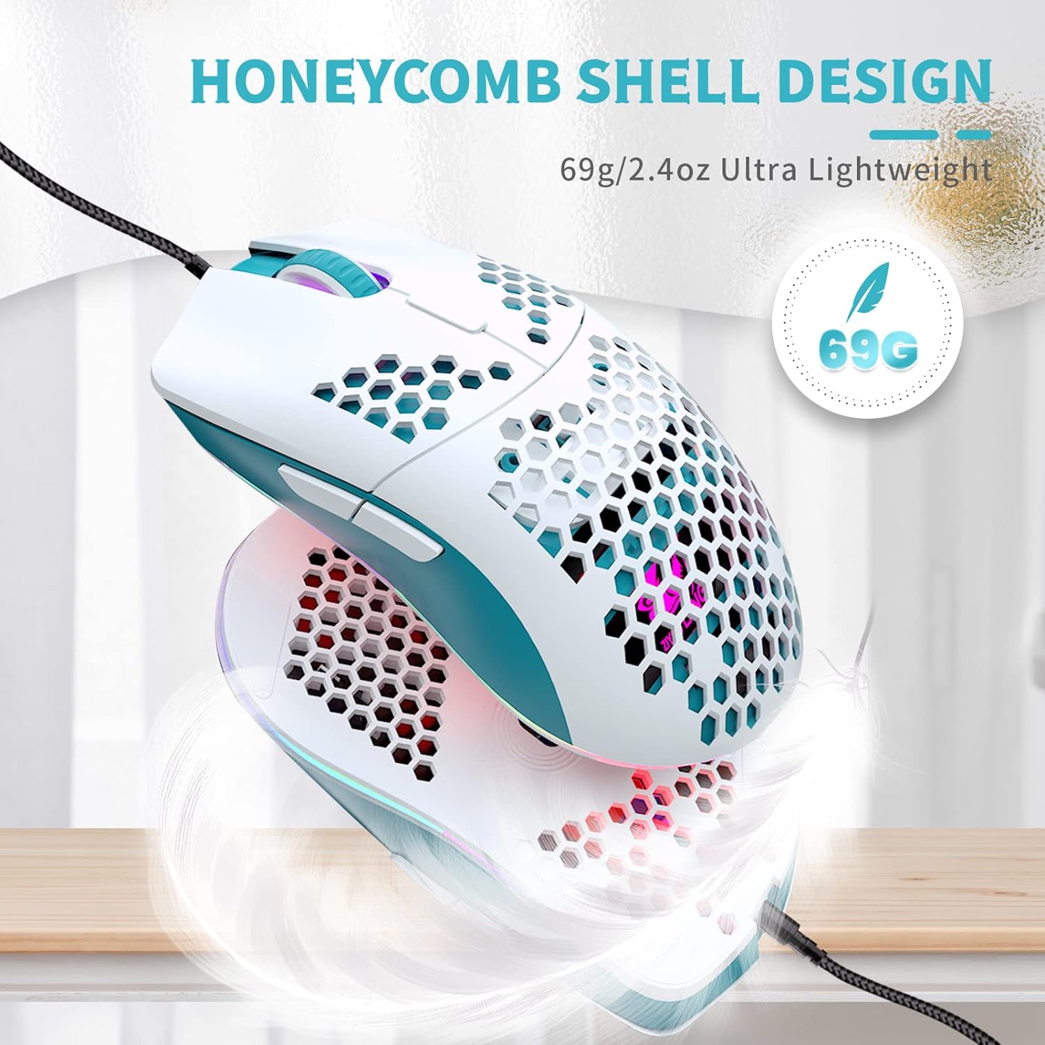 Wired Honeycomb Lightweight Multicolor Gaming Mouse 69g Ultralight RGB Backlit