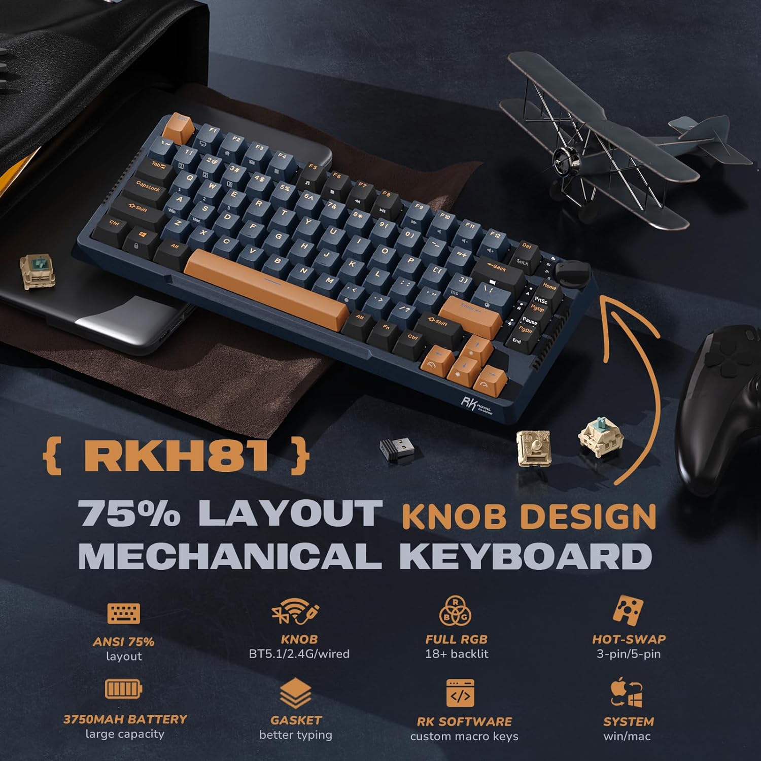Wireless Gaming Mechanical Keyboard Knob Control Triple Mode Gasket Mount RGB Backlit - KeysCaps