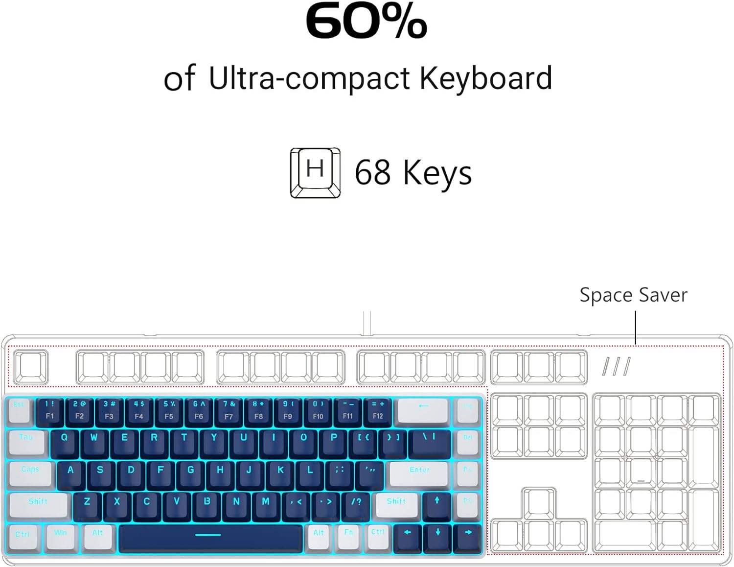 Portable Mechanical Gaming Keyboard LED Backlit Compact 68 Keys - KeysCaps