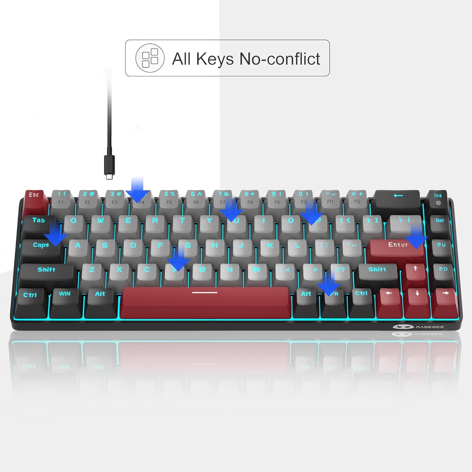 Portable Mechanical Gaming Keyboard LED Backlit Compact 68 Keys - KeysCaps