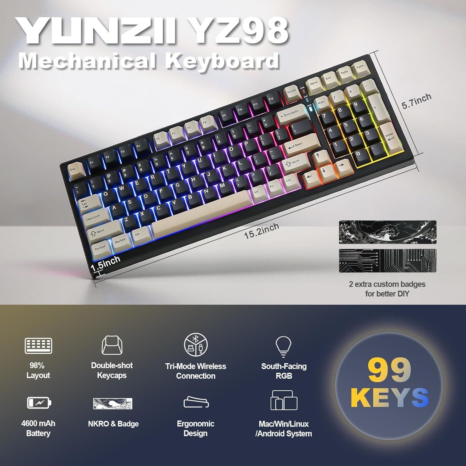 Mechanical Keyboard 99 Key Hot Swappable BT5.0/2.4G/USB-C - KeysCaps