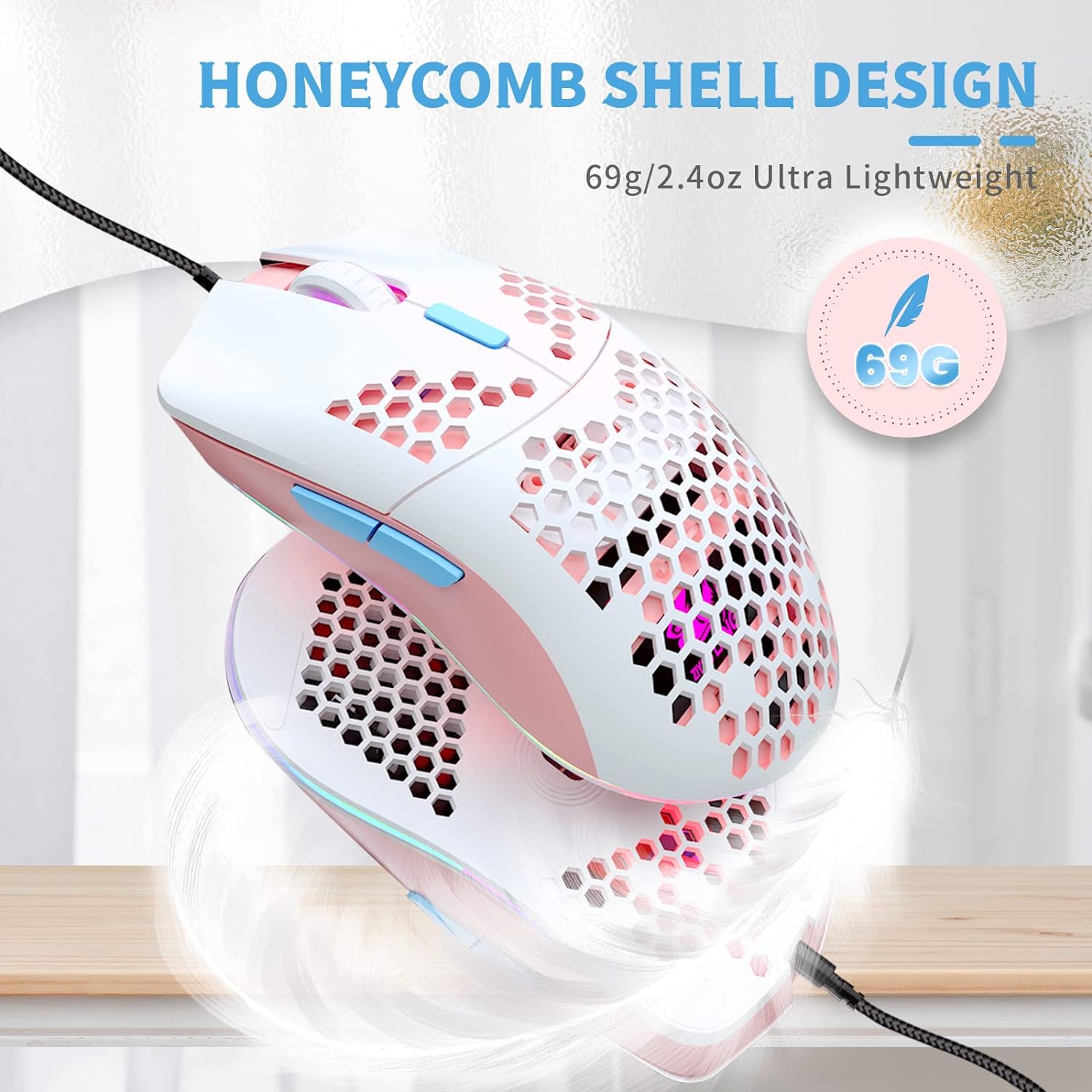 Wired Honeycomb Lightweight Multicolor Gaming Mouse 69g Ultralight RGB Backlit