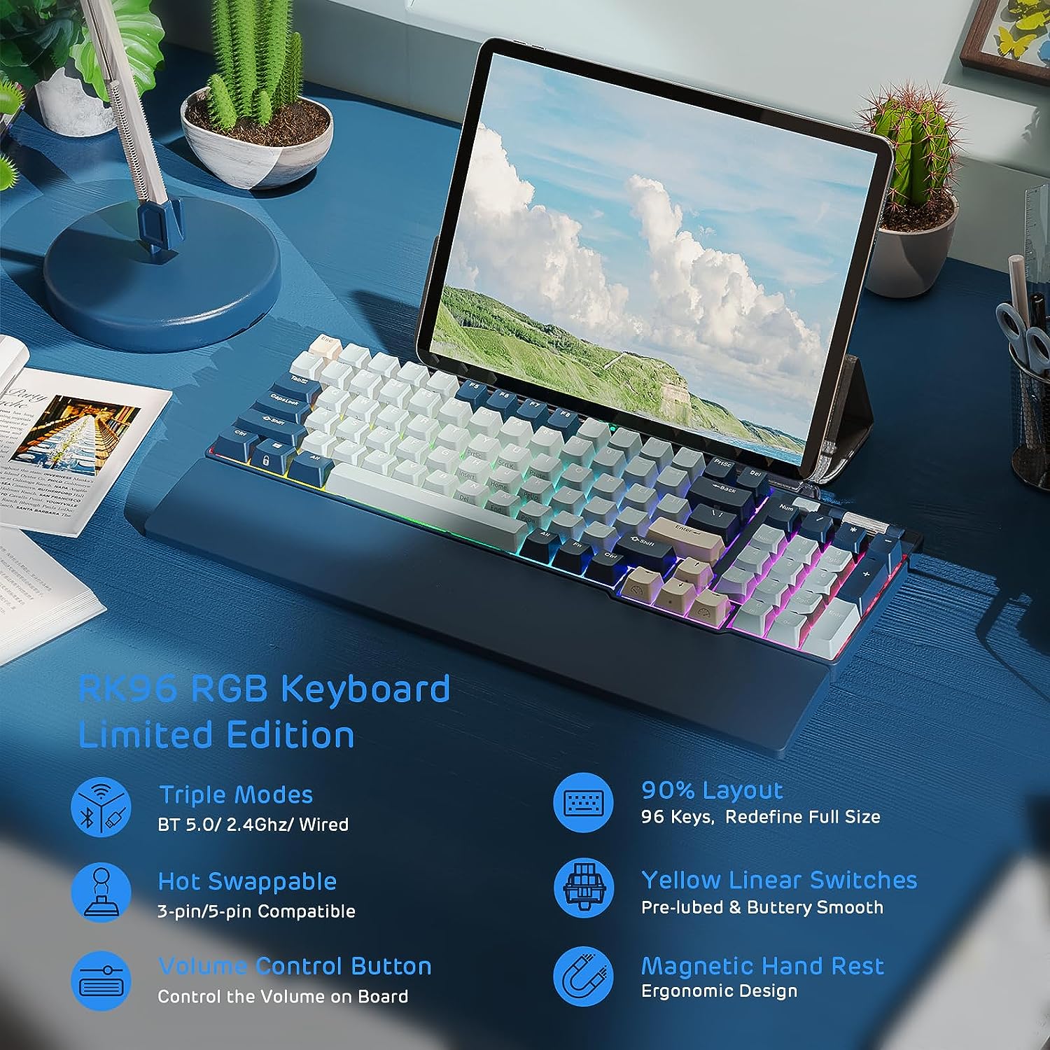 Wireless Triple Mode Hot Swappable Mechanical Gaming Keyboard w/Wrist Rest - KeysCaps