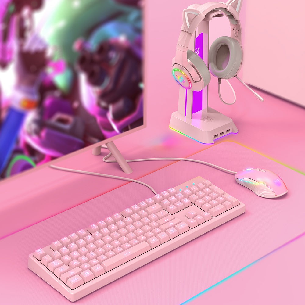 7.1 auriculares rosados ​​del juego del sonido estéreo con el sistema del teclado del ratón del Mic y del LED