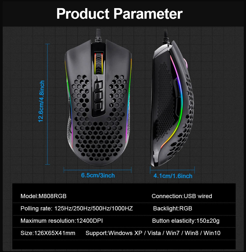 Storm USB Wired RGB Gaming Ultralight Honeycomb Mouse 12400 DPI - KeysCaps