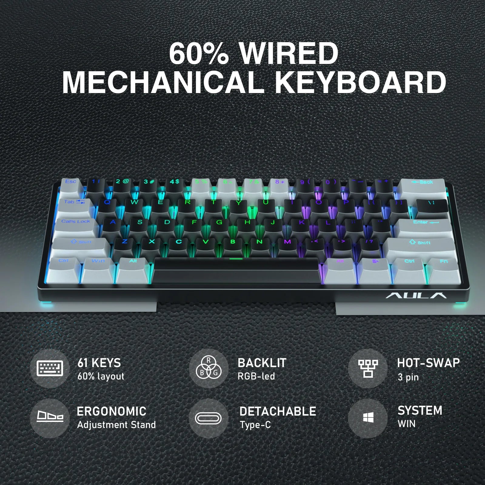 Mechanical Gaming Keyboard 60% Hot-swap RGB Customized Layout - KeysCaps