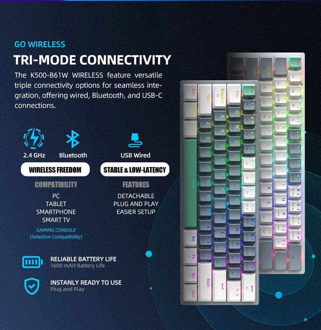 Wireless Mechanical Keyboard 60% Hot-swappable Tri-mode RGB Wireless - KeysCaps