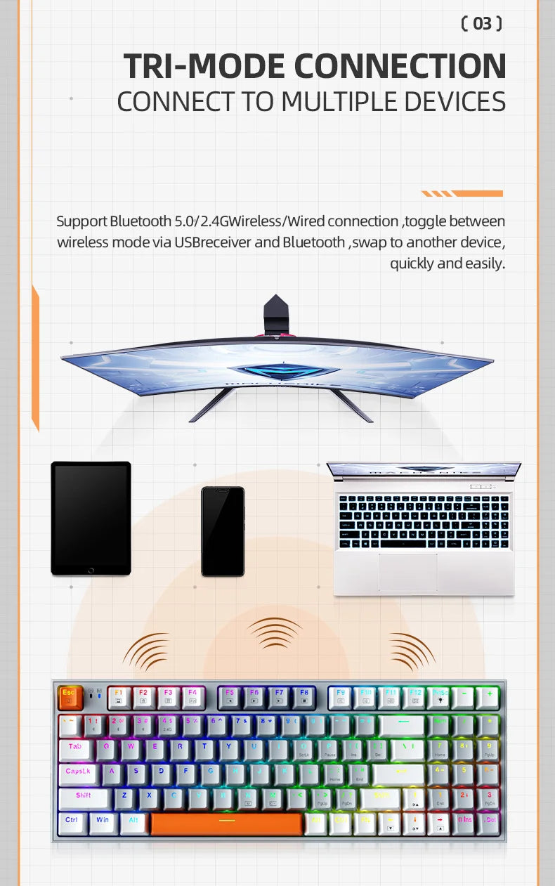Wireless Gaming Mechanical Keyboard Hot Swap Tri-mode RGB Backlit - KeysCaps