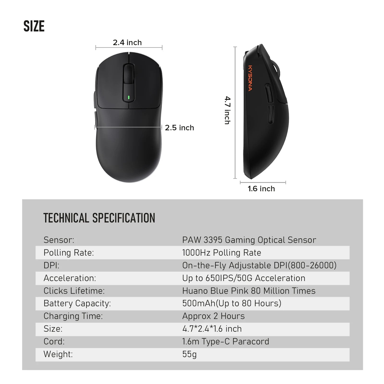 Wireless Gaming Mouse Ultralight Optical Esports 55g, Black - KeysCaps