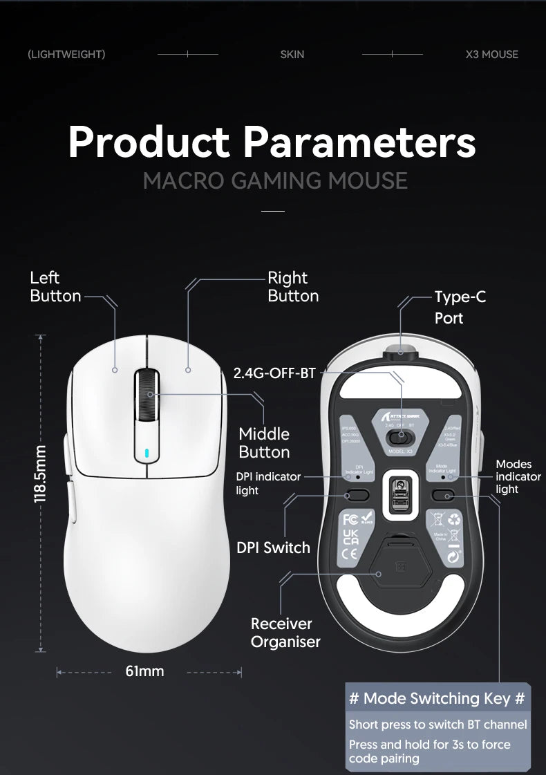 Wireless Gaming Mouse Tri-Mode Bluetooth Lightweight - KeysCaps