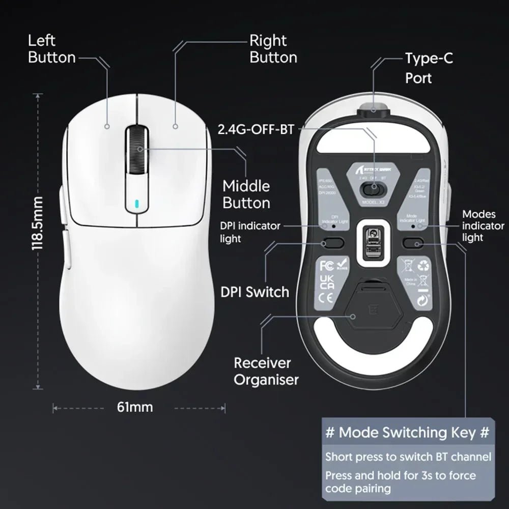 Lightweight Bluetooth Gaming Mouse Tri - Mode 49g - Keys Caps