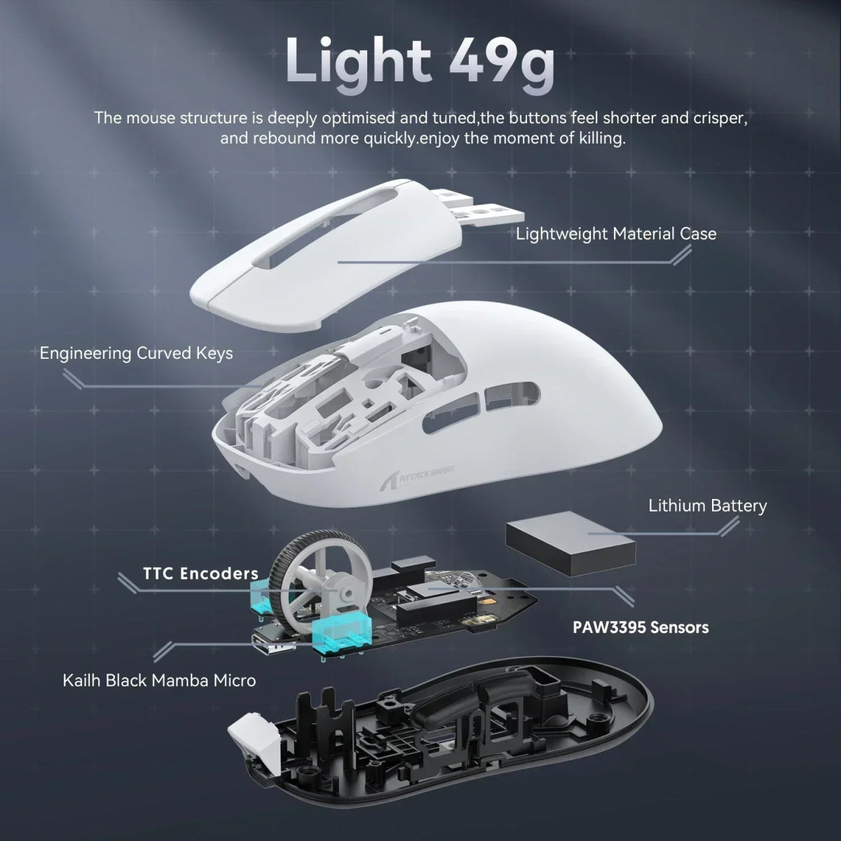 Lightweight Bluetooth Gaming Mouse Tri - Mode 49g - Keys Caps