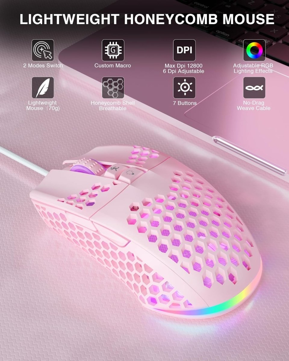 Lightweight Wired Gaming Mouse Honeycomb 7 Programmable Buttons - Keys Caps