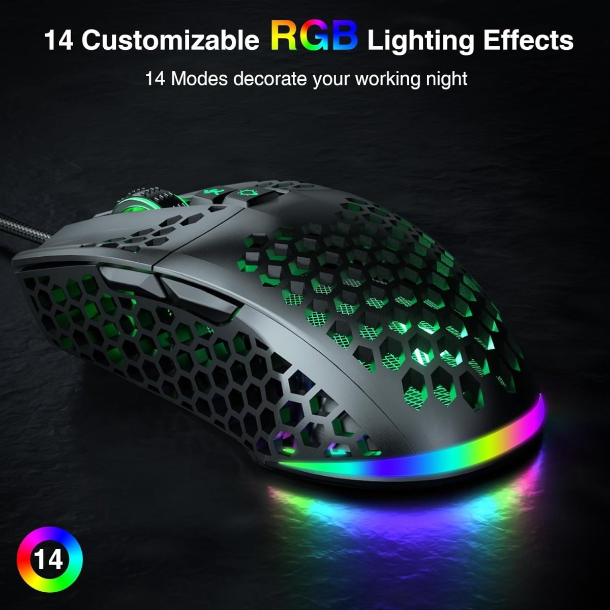 Lightweight Wired Gaming Mouse Honeycomb 7 Programmable Buttons - Keys Caps
