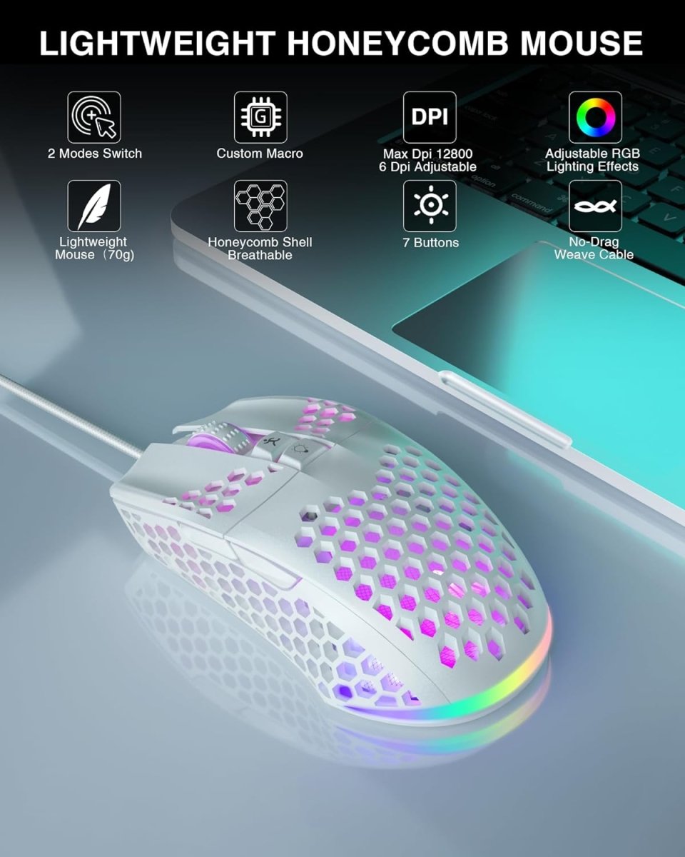 Lightweight Wired Gaming Mouse Honeycomb 7 Programmable Buttons - Keys Caps