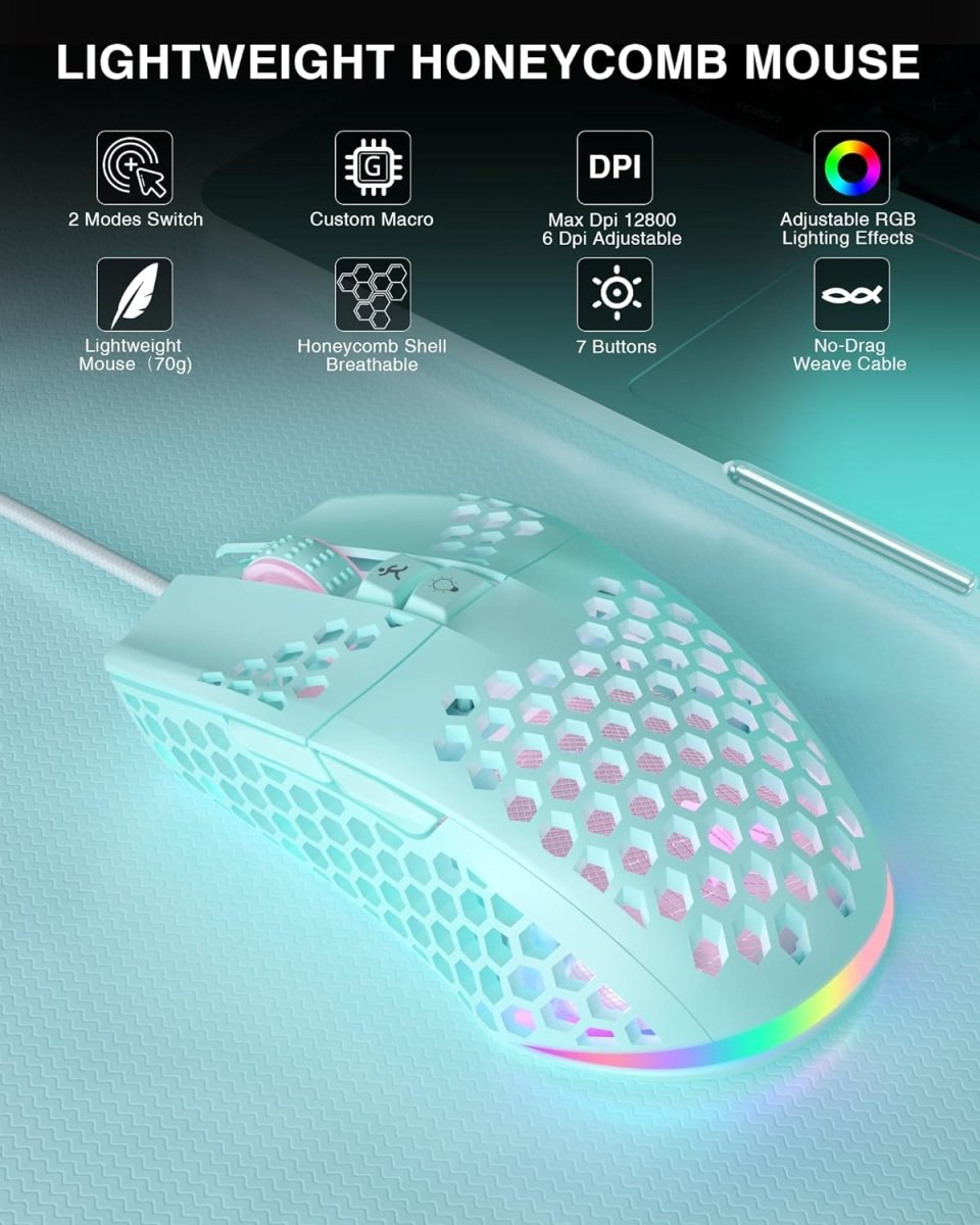 Lightweight Wired Gaming Mouse Honeycomb 7 Programmable Buttons - Keys Caps