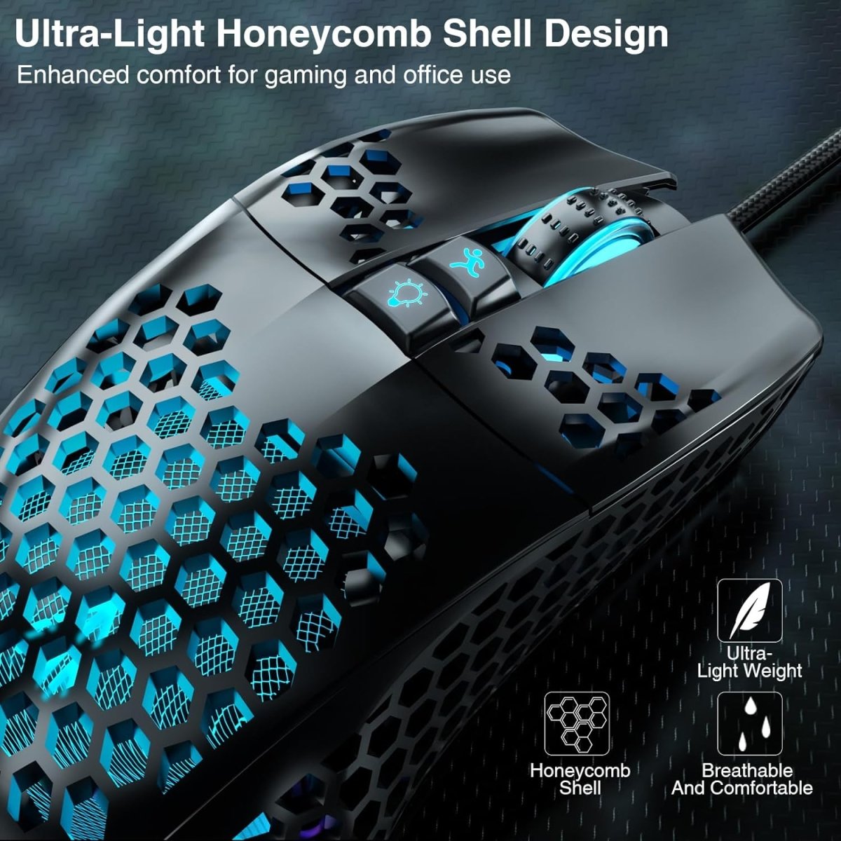 Lightweight Wired Gaming Mouse Honeycomb 7 Programmable Buttons - Keys Caps