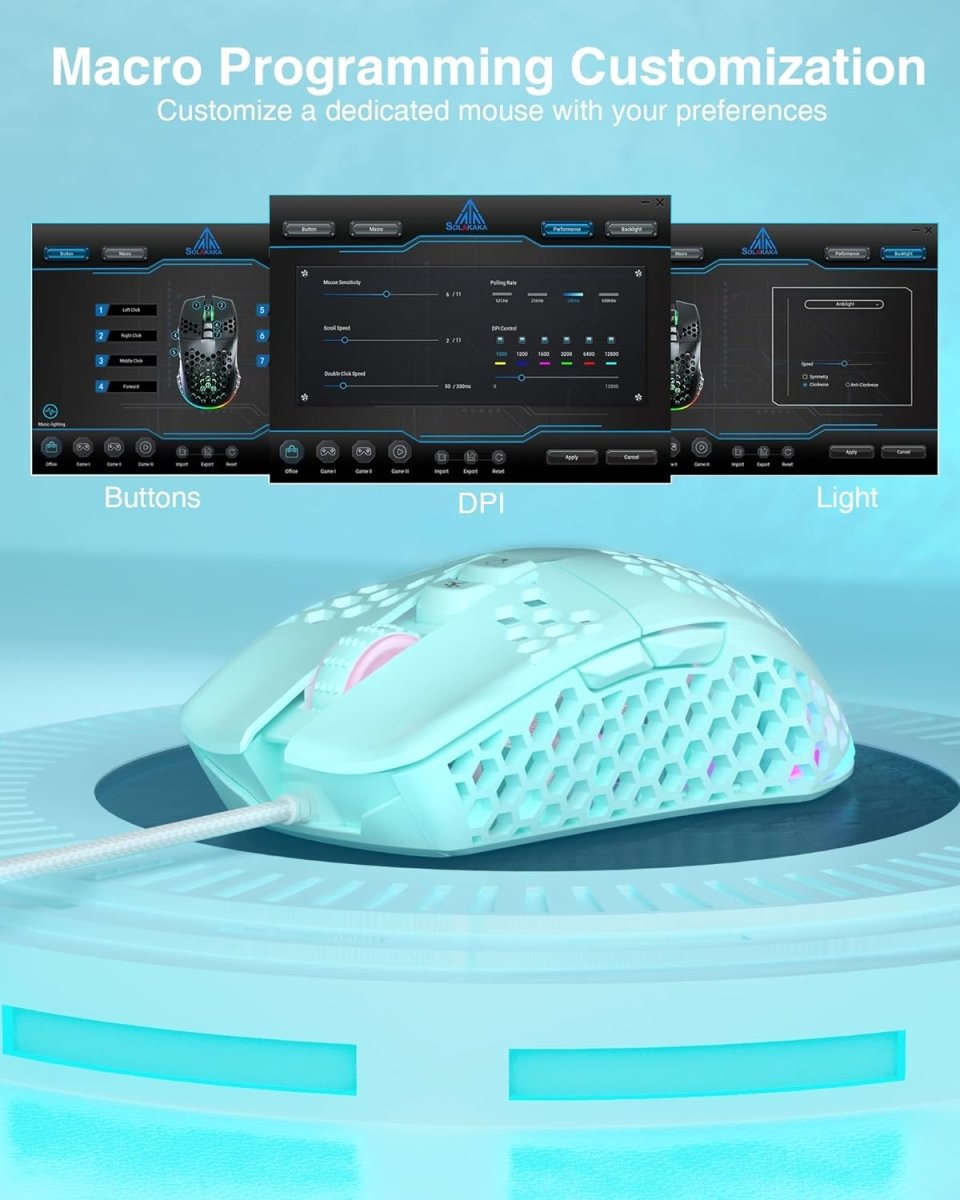 Lightweight Wired Gaming Mouse Honeycomb 7 Programmable Buttons - Keys Caps