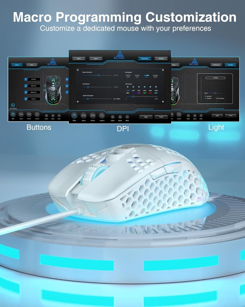Lightweight Wired Gaming Mouse Honeycomb 7 Programmable Buttons - Keys Caps