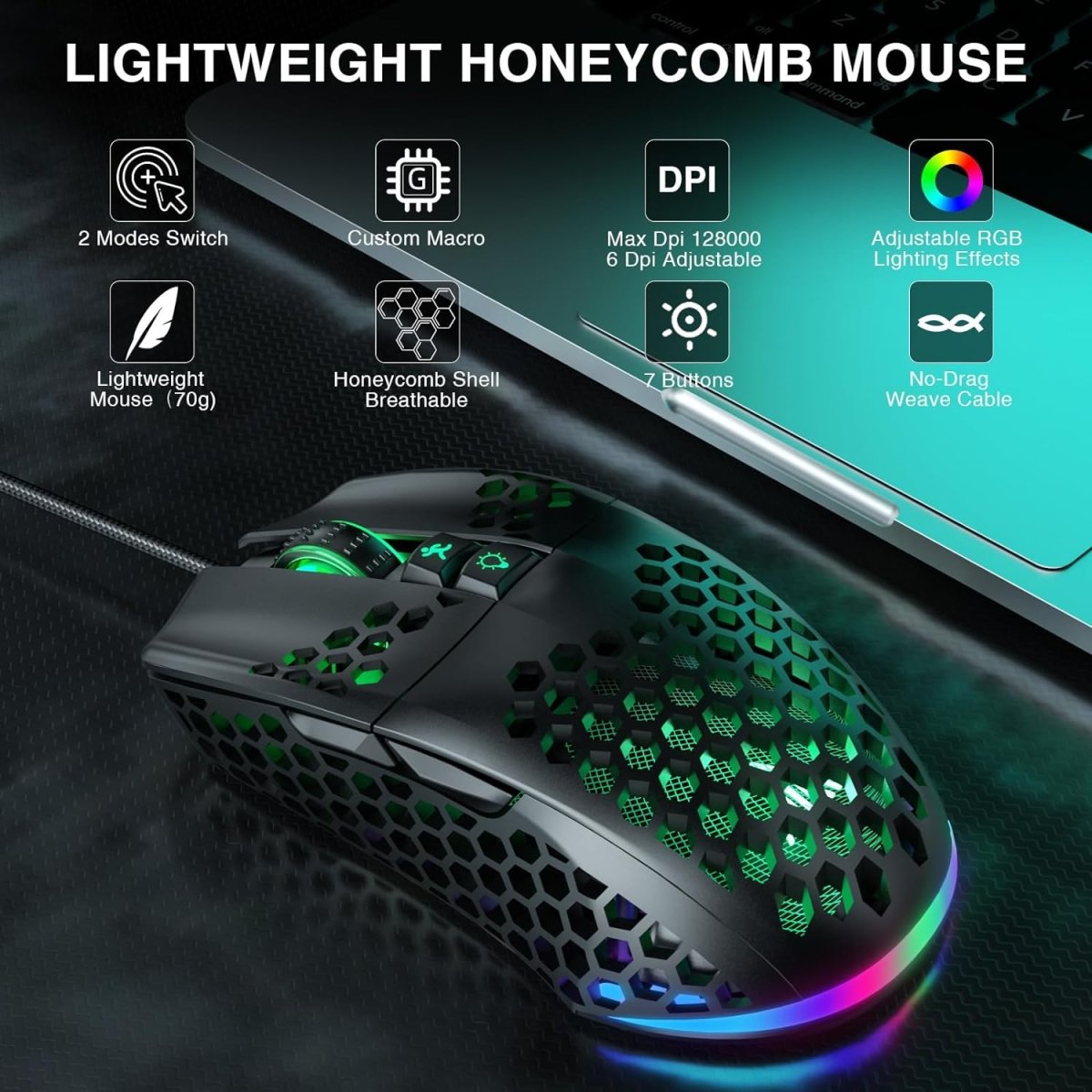 Lightweight Wired Gaming Mouse Honeycomb 7 Programmable Buttons - Keys Caps