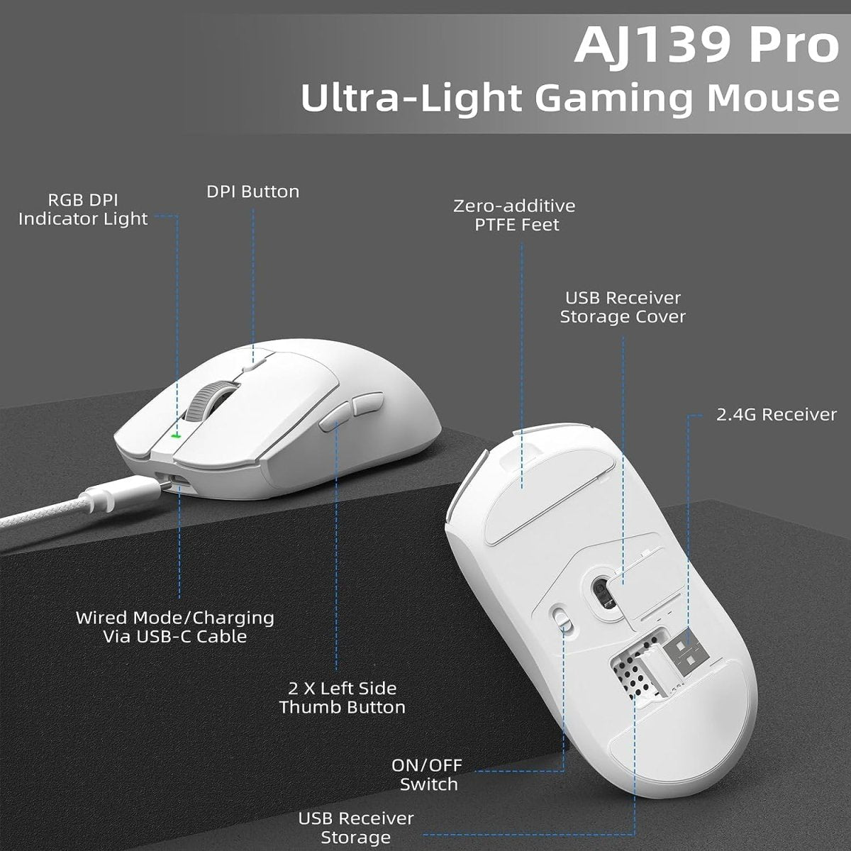 lightweight Wireless Professional Gaming Mouse 26000dpi for PC - Keys Caps