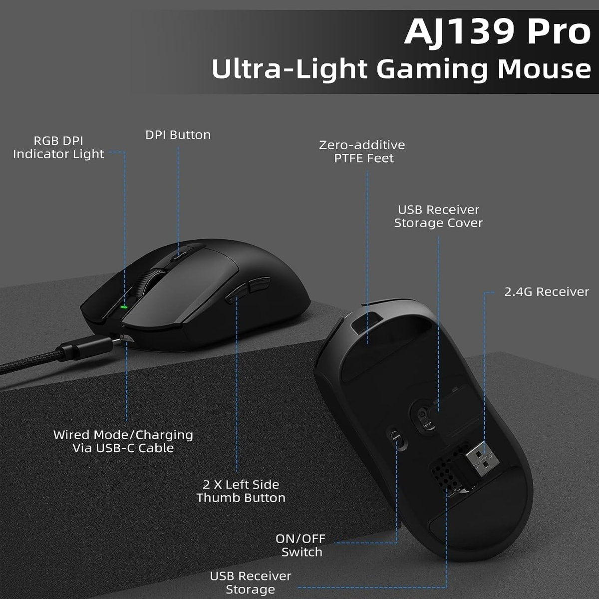 lightweight Wireless Professional Gaming Mouse 26000dpi for PC - Keys Caps