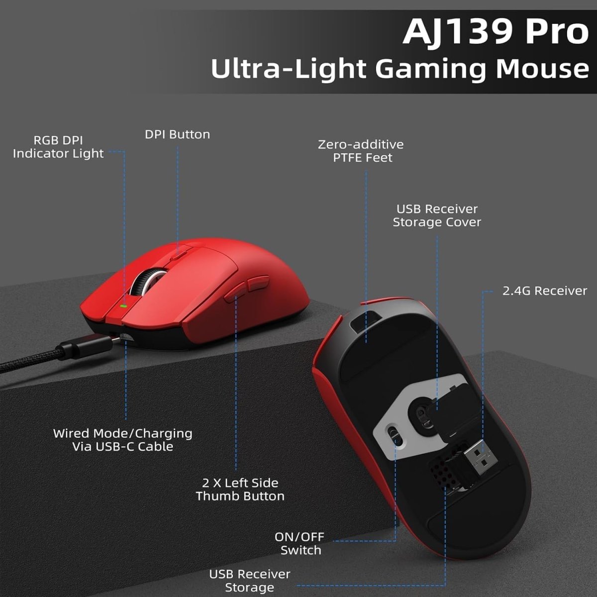 lightweight Wireless Professional Gaming Mouse 26000dpi for PC - Keys Caps