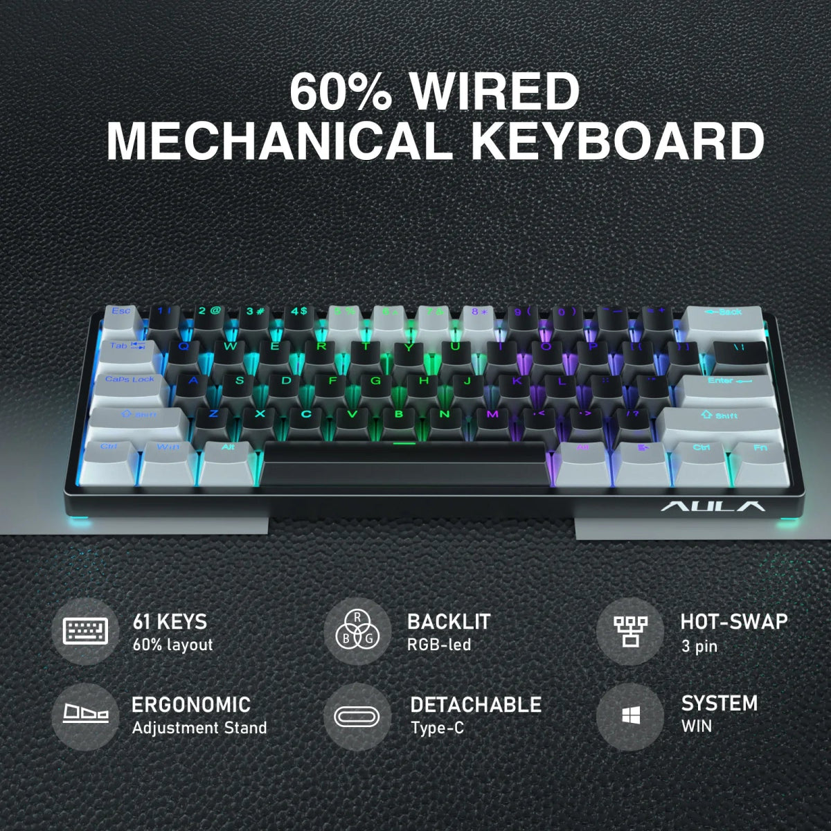 Mechanical Gaming Keyboard 60% Hot - swap RGB Customized Layout - Keys Caps
