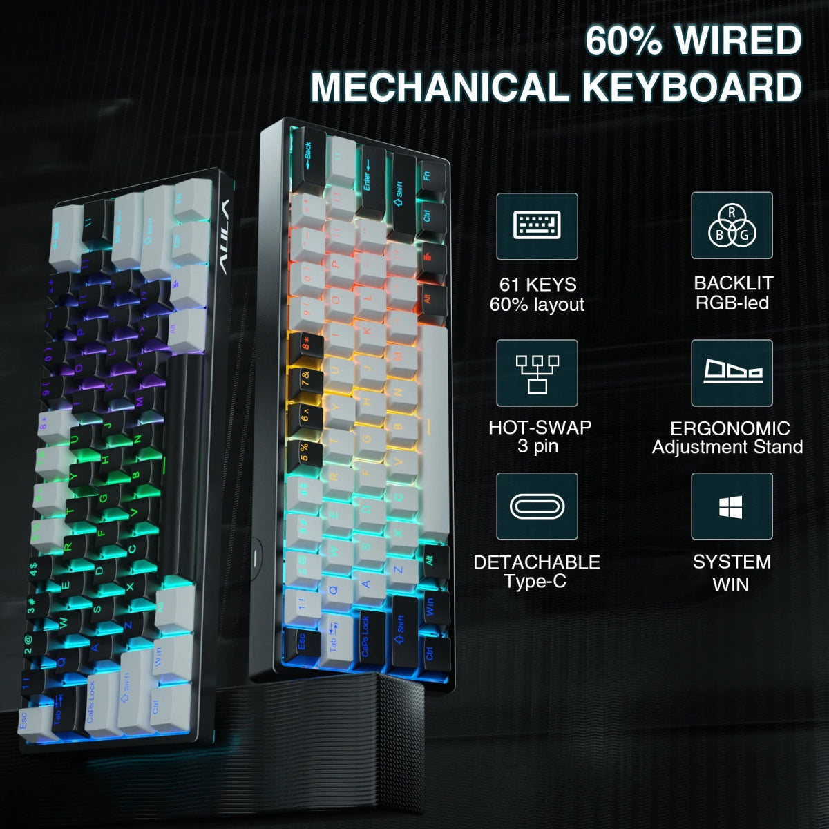 Mechanical Gaming Keyboard 60% Hot - swap RGB Customized Layout - Keys Caps