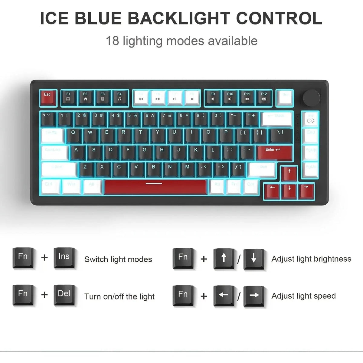 Mechanical Gaming Keyboard Compact Blue Backlit Wired, Knob Control - Keys Caps