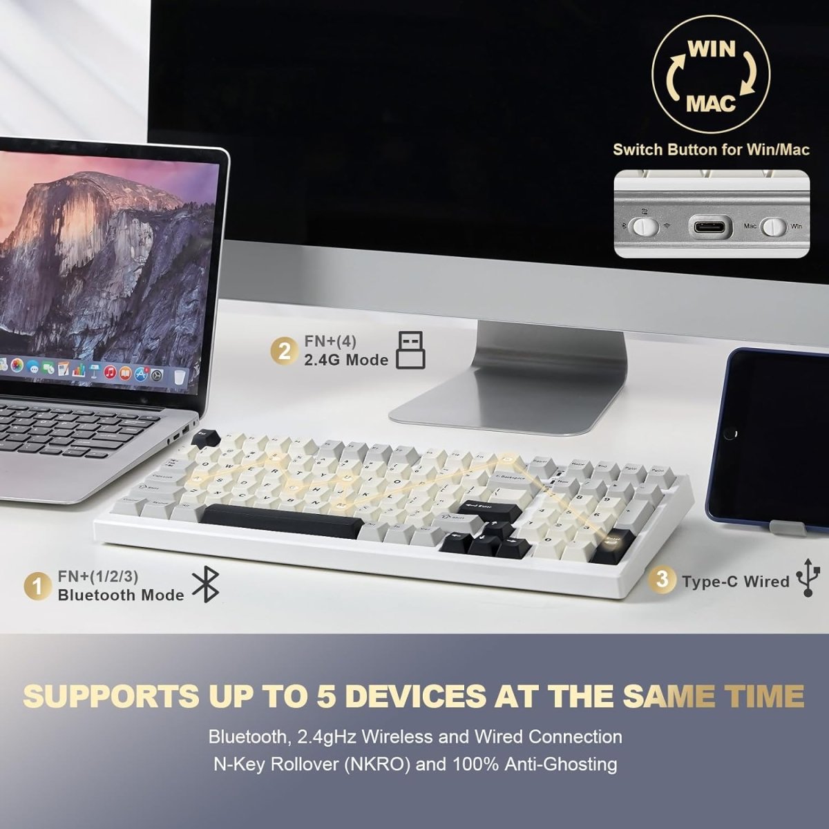 Mechanical Keyboard 99 Key Hot Swappable BT5.0/2.4G/USB - C - Keys Caps