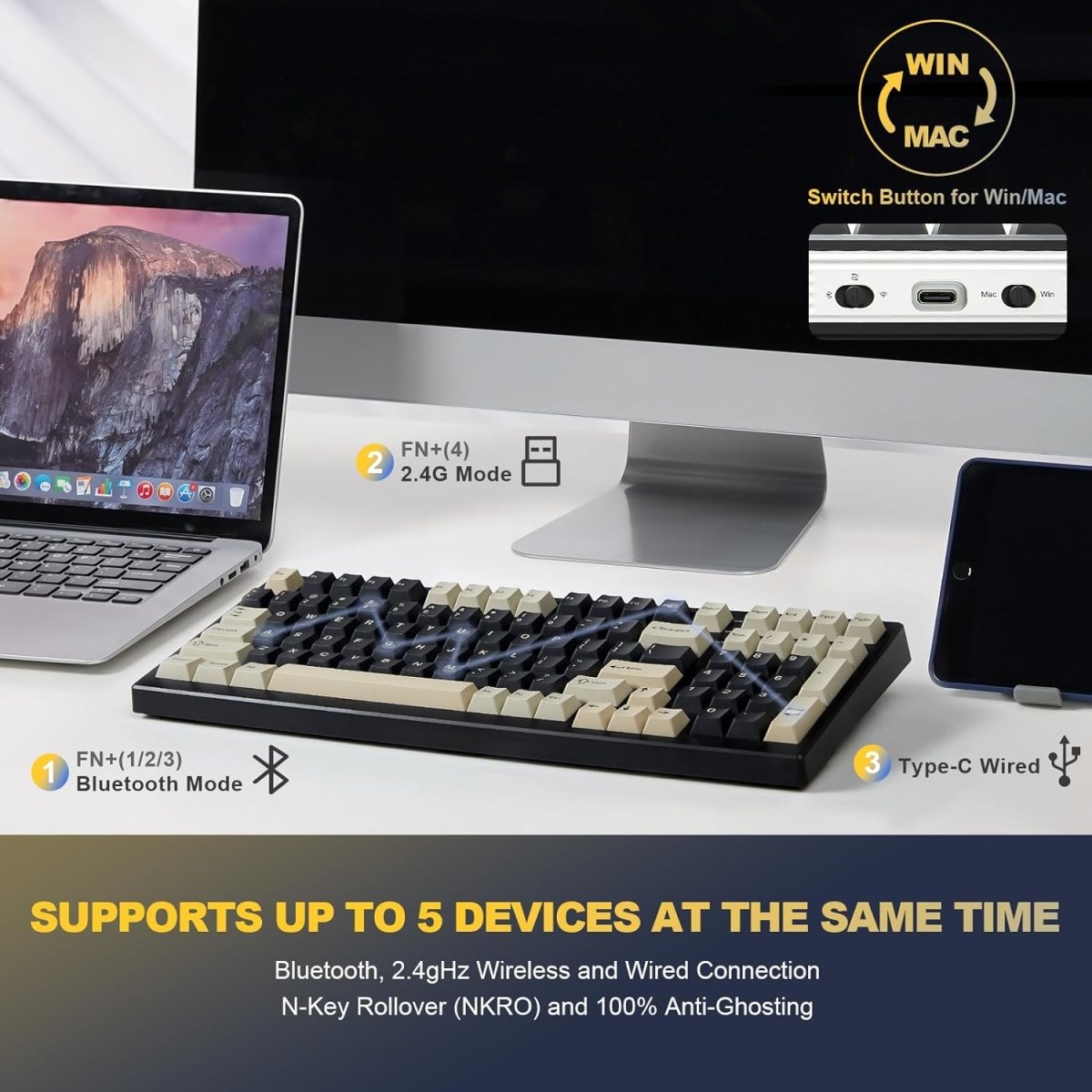 Mechanical Keyboard 99 Key Hot Swappable BT5.0/2.4G/USB - C - Keys Caps