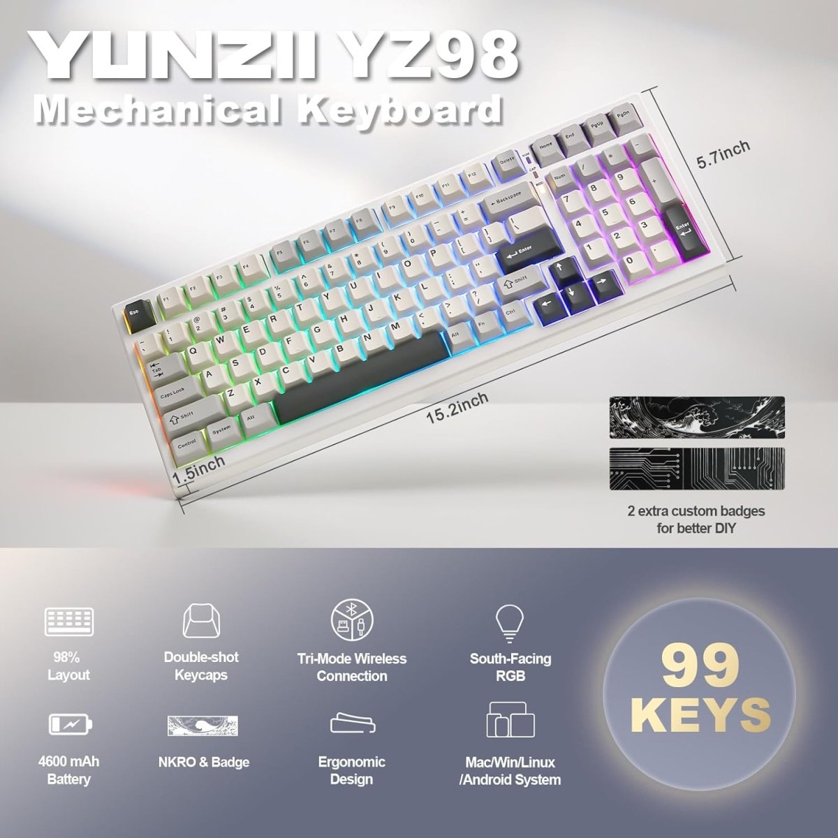Mechanical Keyboard 99 Key Hot Swappable BT5.0/2.4G/USB - C - Keys Caps