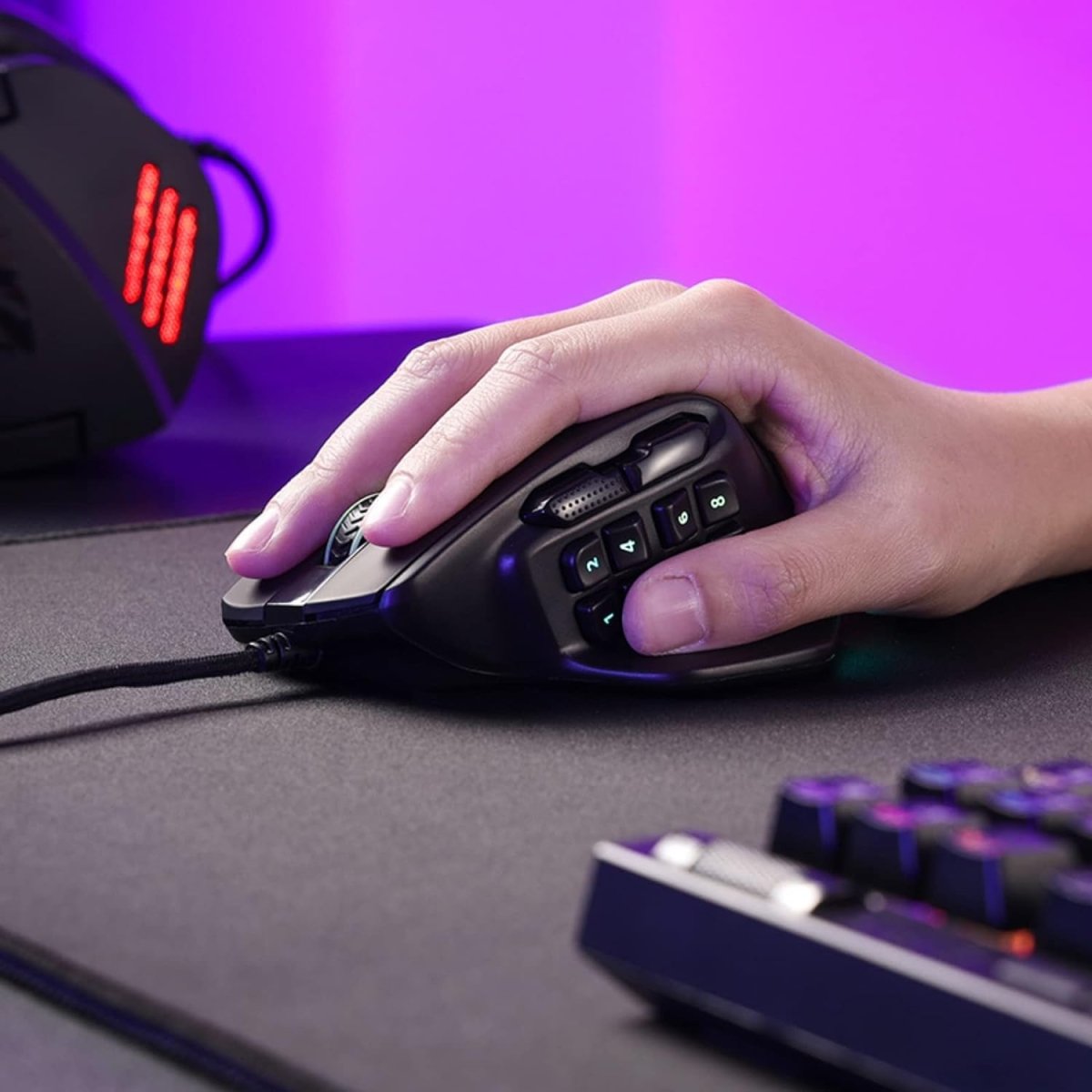 MMO Gaming Mouse, 15 Programmable Buttons RGB w/Ergonomic Natural Grip Build, Keybinds & Backlit - Keys Caps