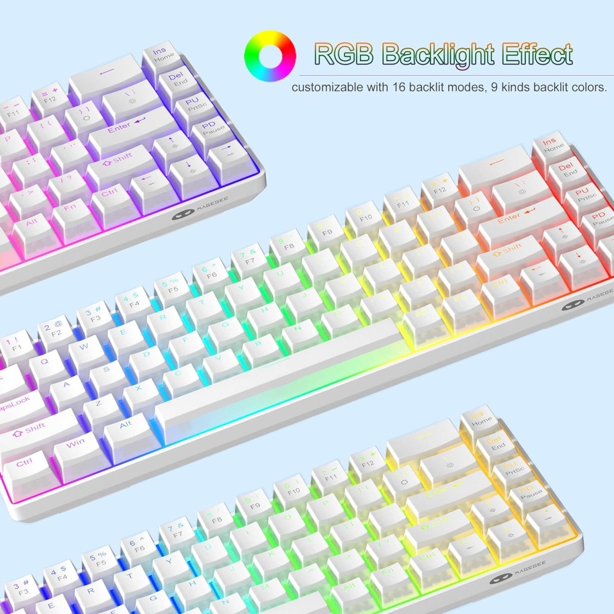 Portable Mechanical Gaming Keyboard LED Backlit Compact 68 Keyscaps - Keys Caps