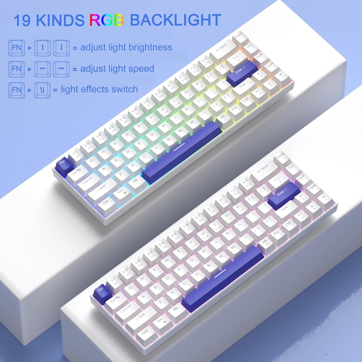 Portable Mechanical Gaming Keyboard LED Backlit Compact 68 Keyscaps - Keys Caps