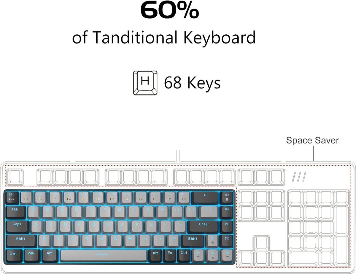 Portable Mechanical Gaming Keyboard LED Backlit Compact 68 Keyscaps - Keys Caps