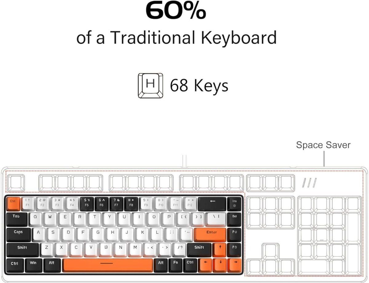 Portable Mechanical Gaming Keyboard LED Backlit Compact 68 Keyscaps - Keys Caps