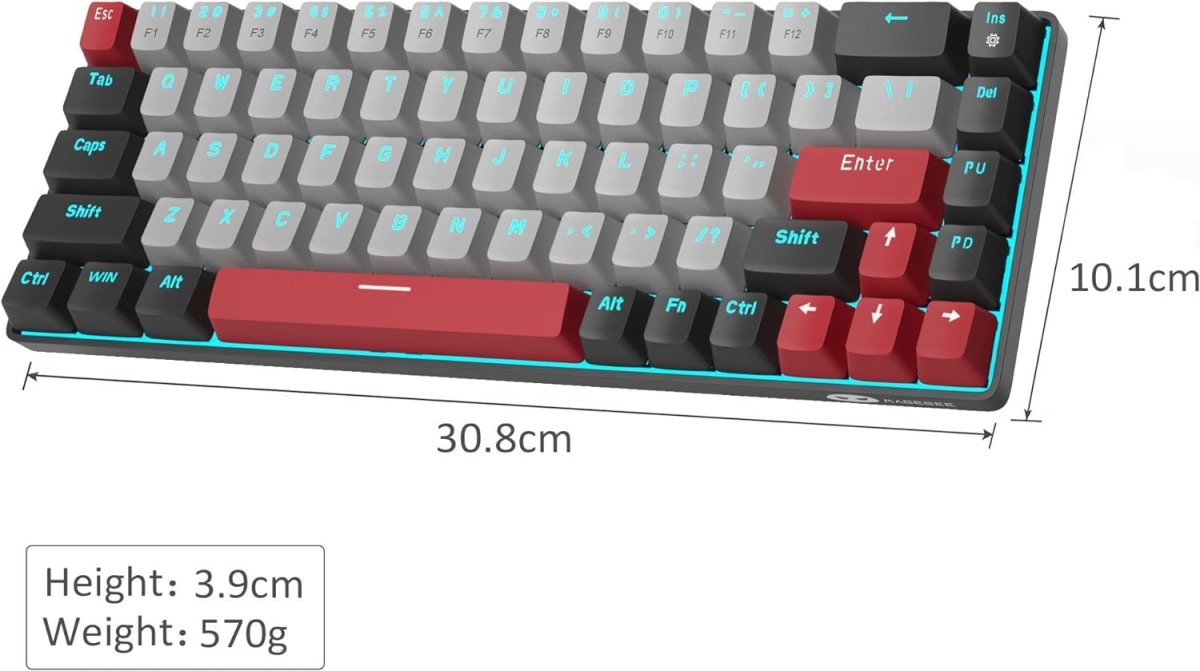 Portable Mechanical Gaming Keyboard LED Backlit Compact 68 Keyscaps - Keys Caps
