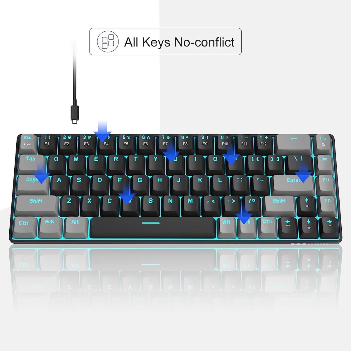 Portable Mechanical Gaming Keyboard LED Backlit Compact 68 Keyscaps - Keys Caps