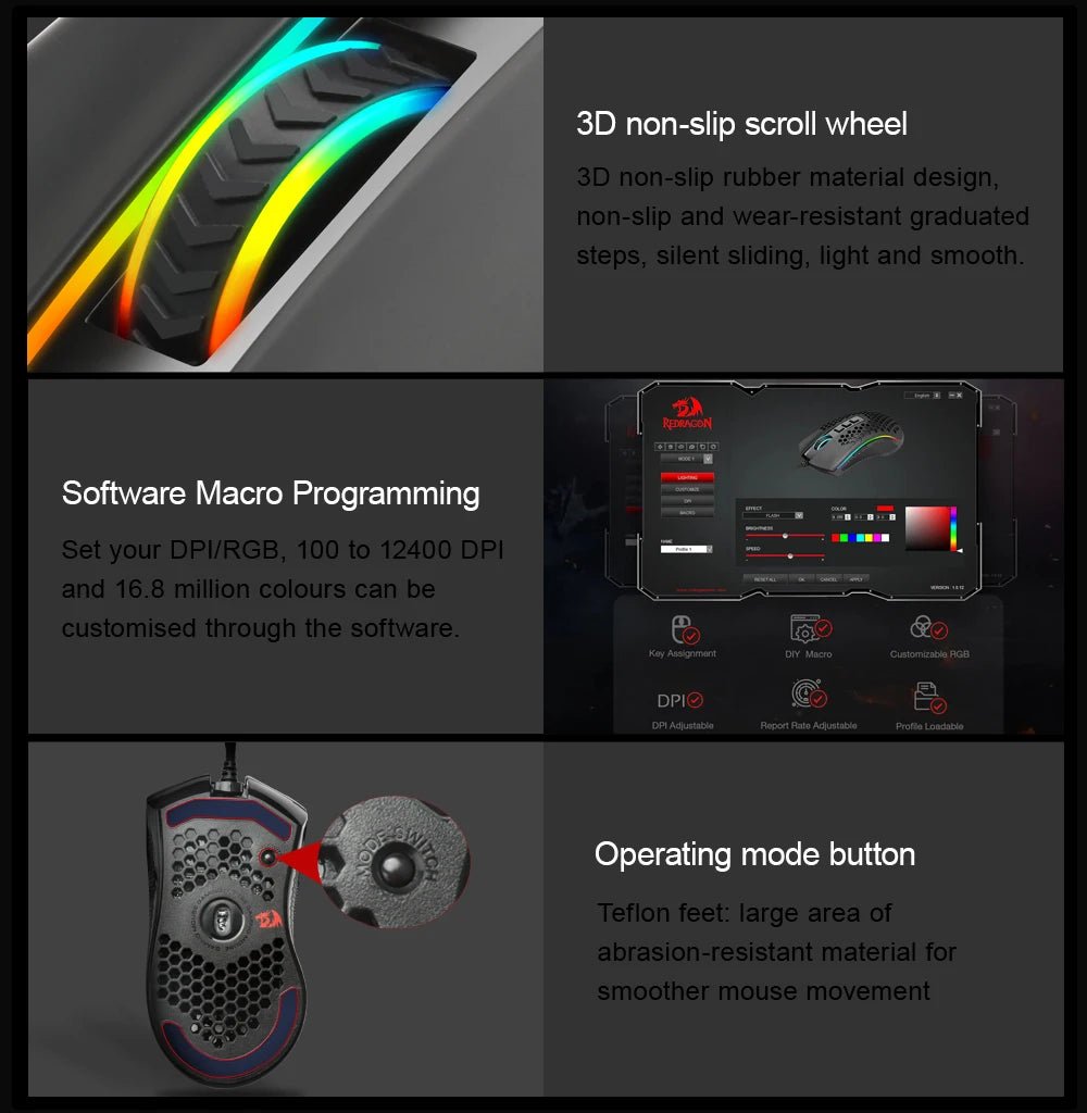 Storm USB Wired RGB Gaming Ultralight Honeycomb Mouse 12400 DPI - Keys Caps