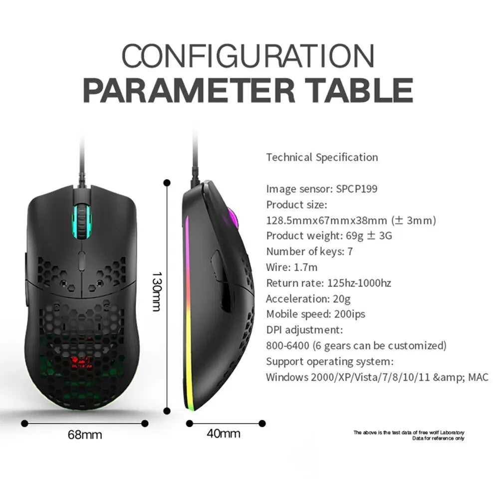 Wired Lightweight Gaming Mouse 69g Ultralight Honeycomb Shell RGB Chroma Backlit - Keys Caps