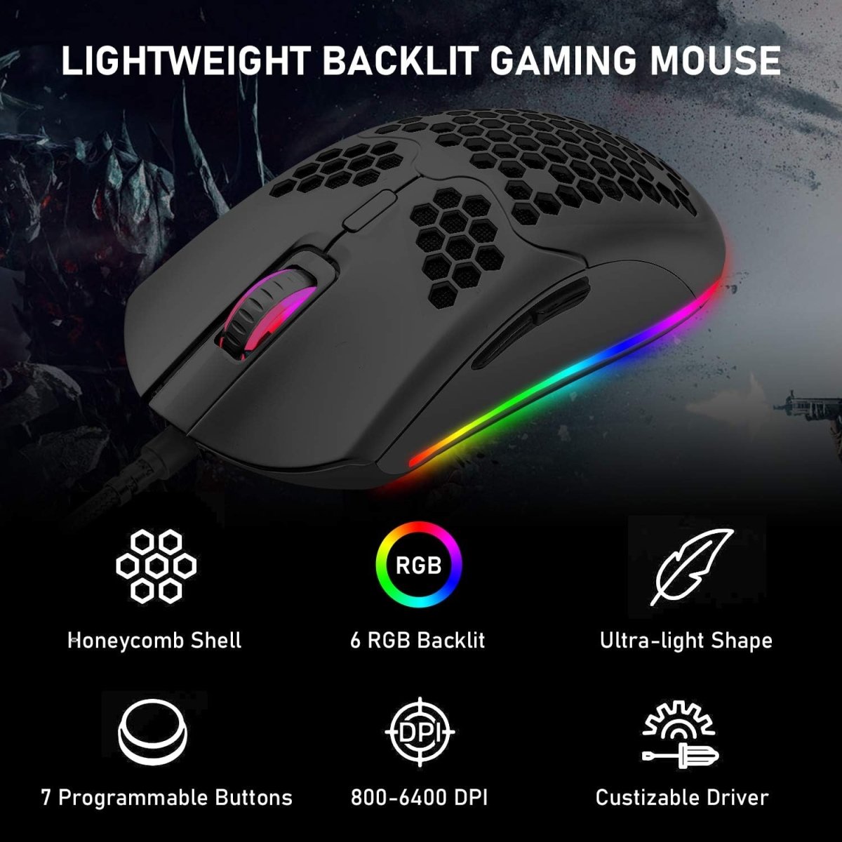 Wired Lightweight Gaming Mouse 69g Ultralight Honeycomb Shell RGB Chroma Backlit - Keys Caps