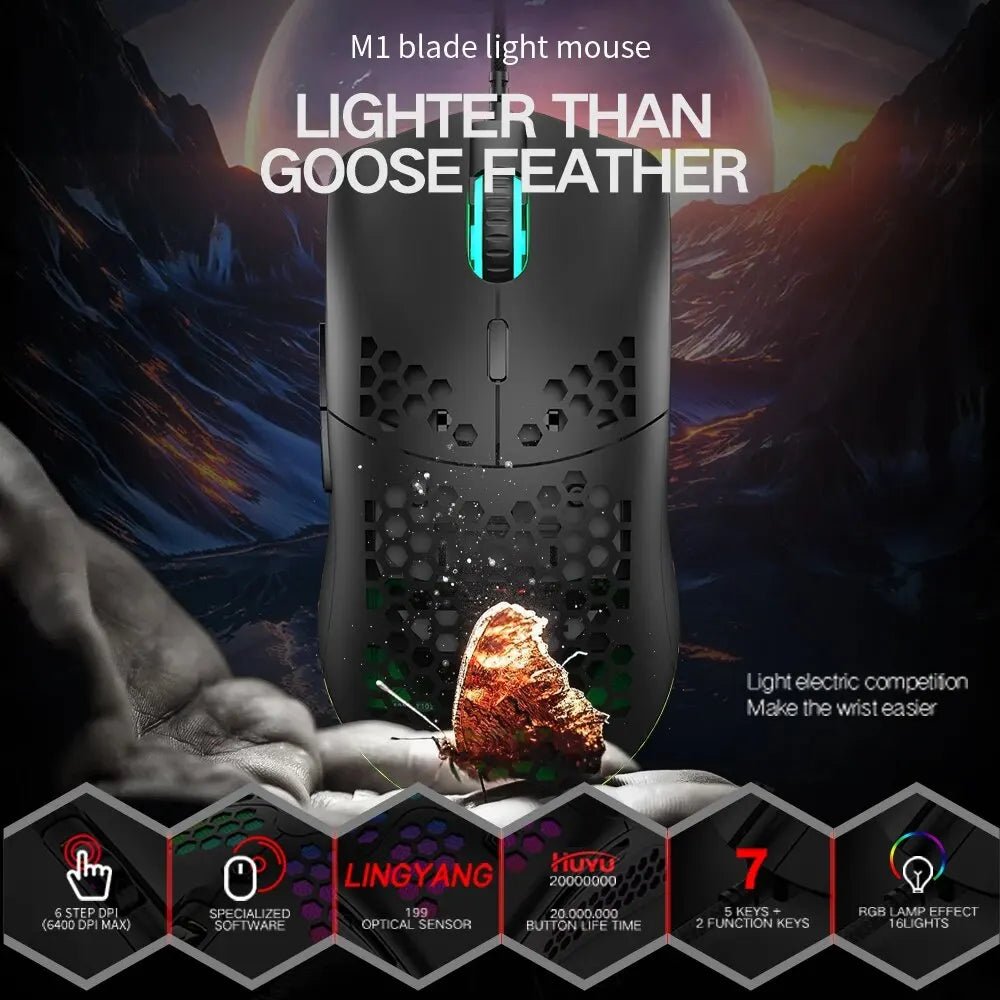 Wired Lightweight Gaming Mouse 69g Ultralight Honeycomb Shell RGB Chroma Backlit - Keys Caps