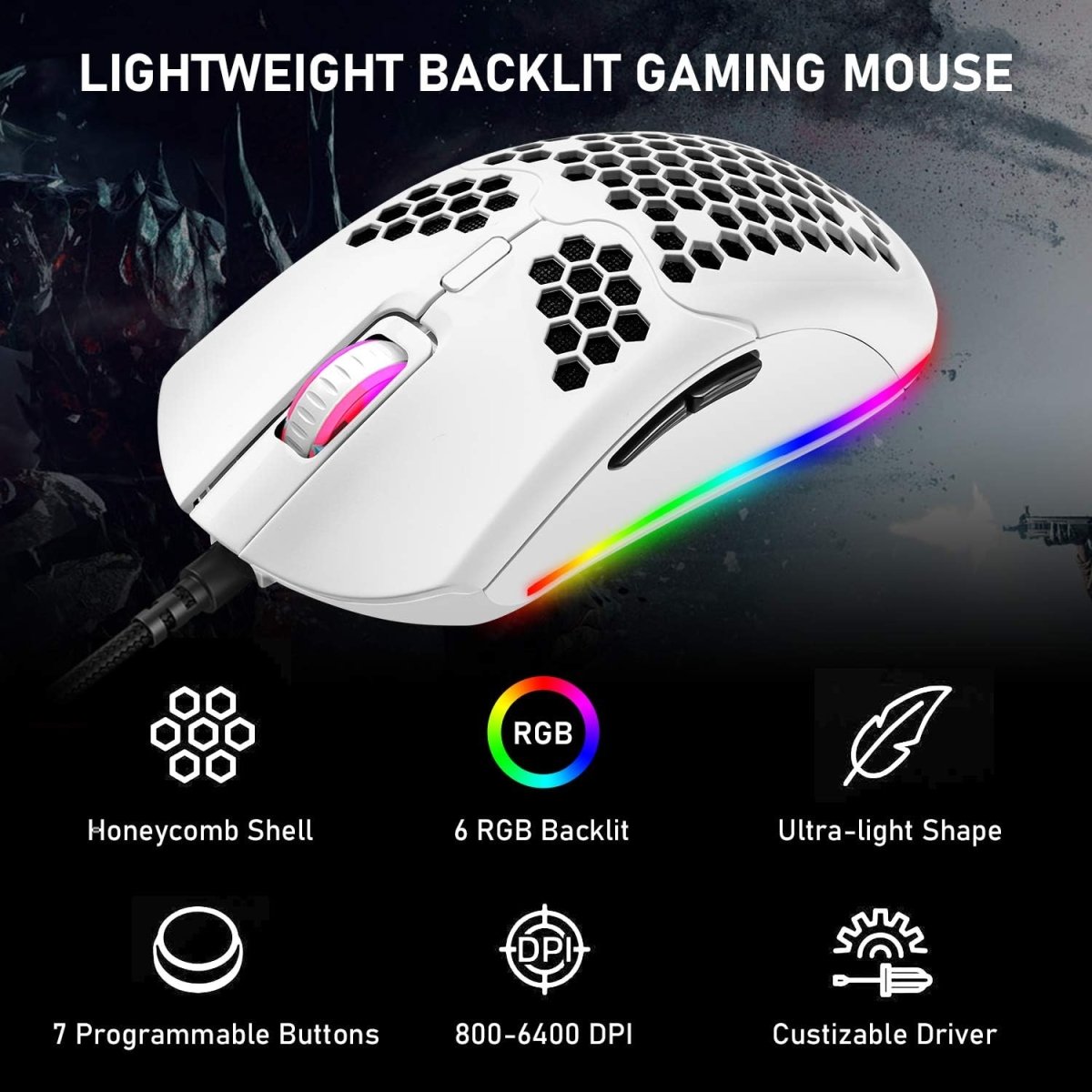 Wired Lightweight Gaming Mouse 69g Ultralight Honeycomb Shell RGB Chroma Backlit - Keys Caps