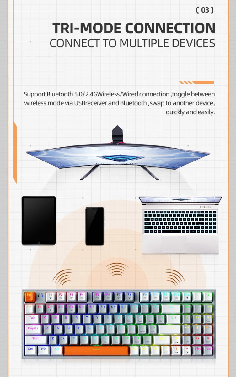 Wireless Gaming Mechanical Keyboard Hot Swap Tri - mode RGB Backlit - Keys Caps